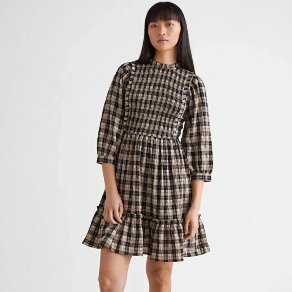 & Other Stories Paris Atelier Smocked 3/4 Sleeve Black Brown Plaid Mini Dress 8